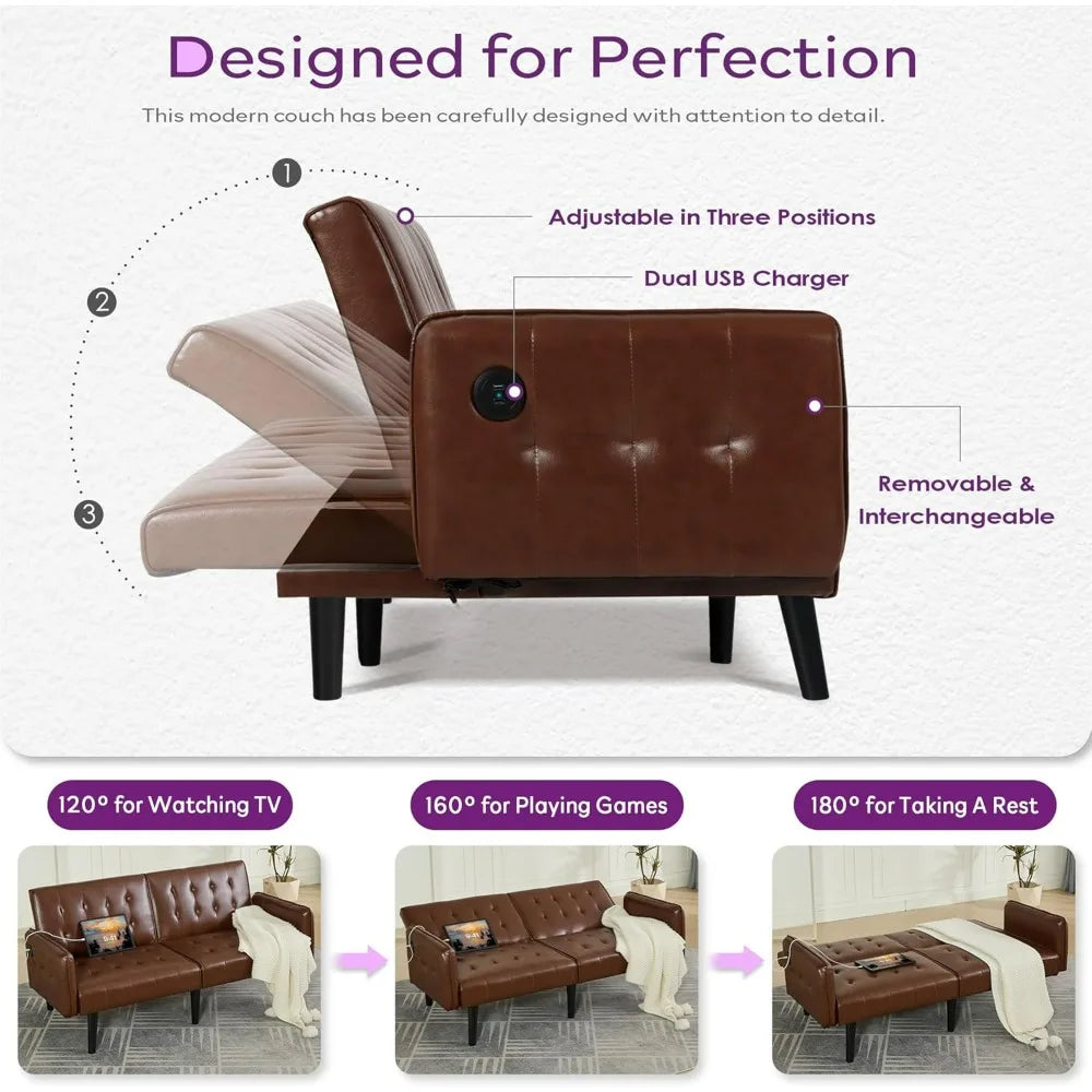 65" Brown Faux Leather Futon Sofa Bed
