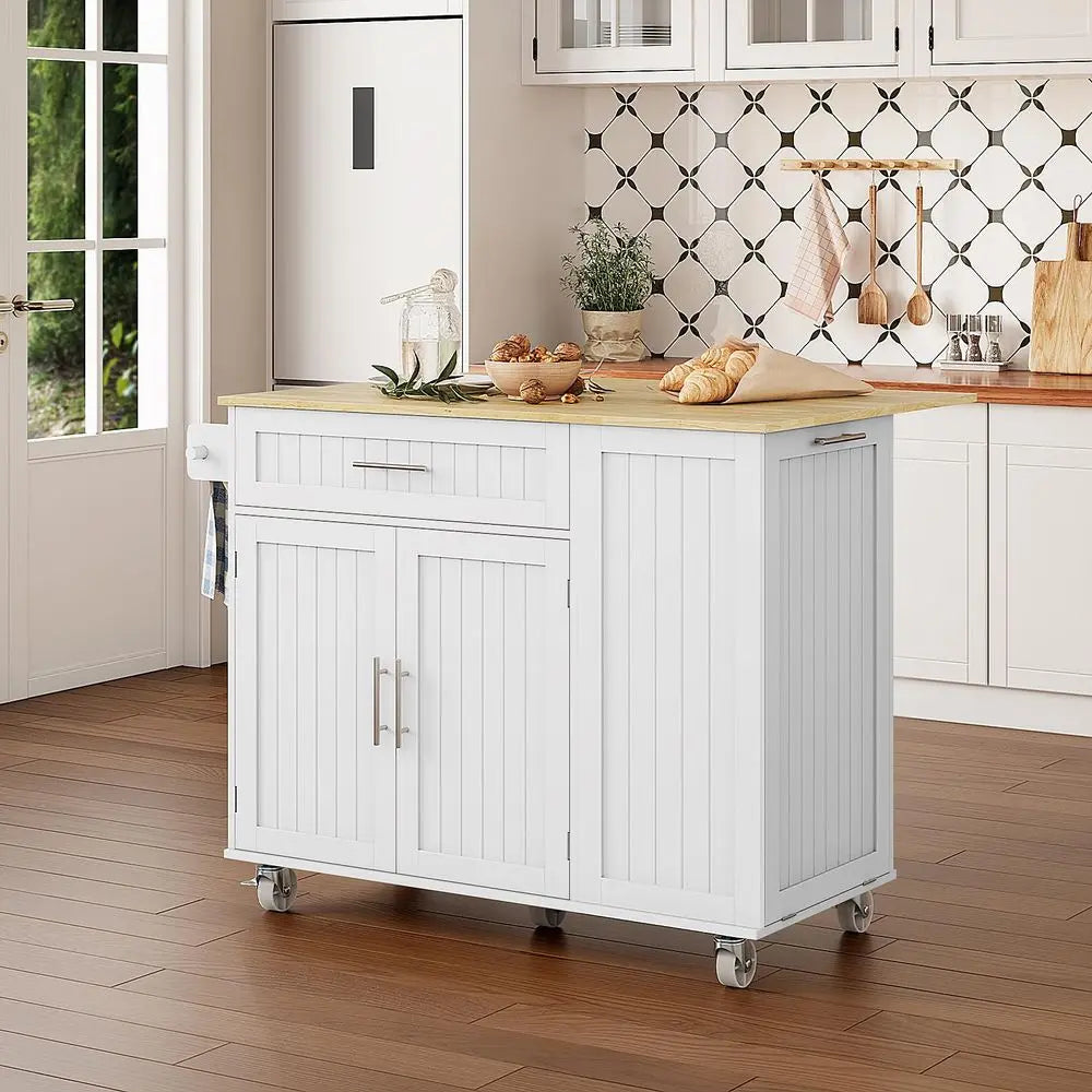 Kitchen Island with Storage, 43.3 Rolling Kitchen Island Cart on Wheels with Wide Drop Leaf Rubberwood Top, Large Mobile Island