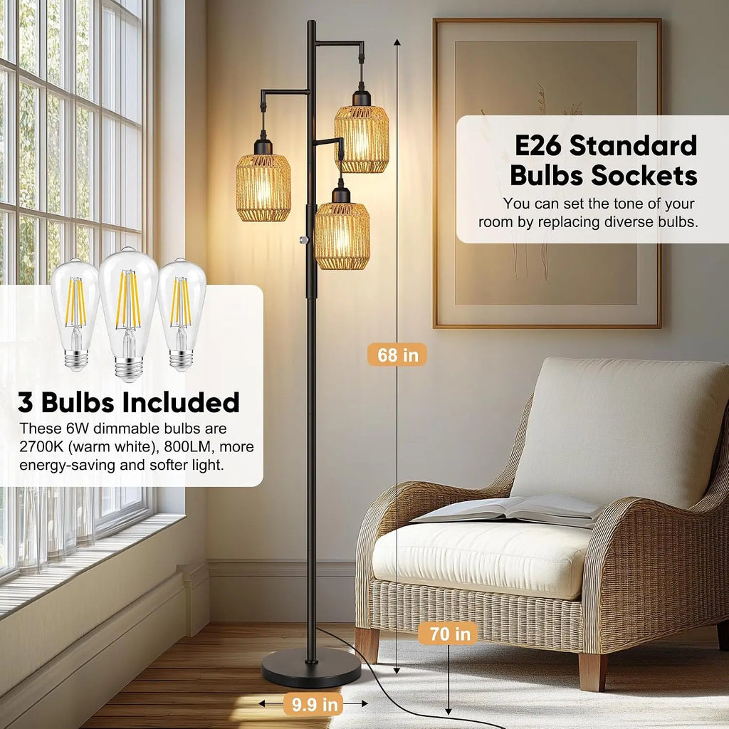 Farmhouse 3 Light Dimmable Boho Floor Lamp