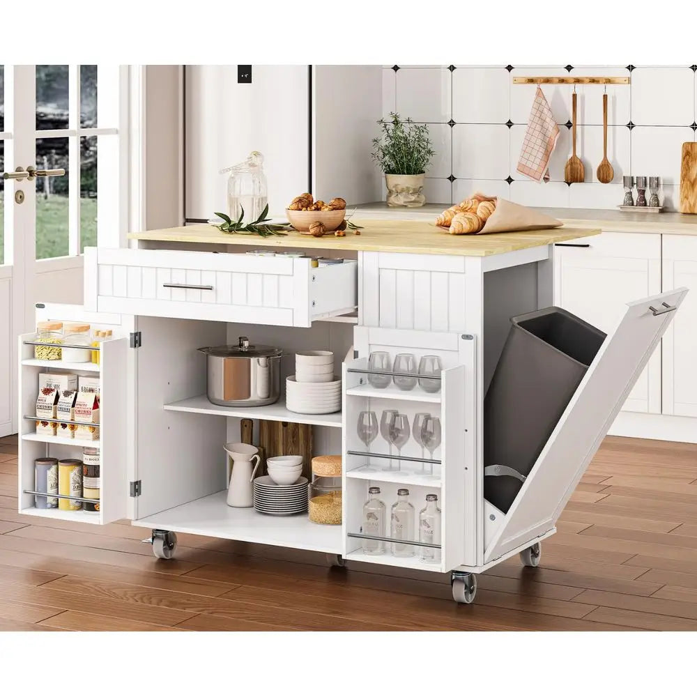 Kitchen Island with Storage, 43.3 Rolling Kitchen Island Cart on Wheels with Wide Drop Leaf Rubberwood Top, Large Mobile Island