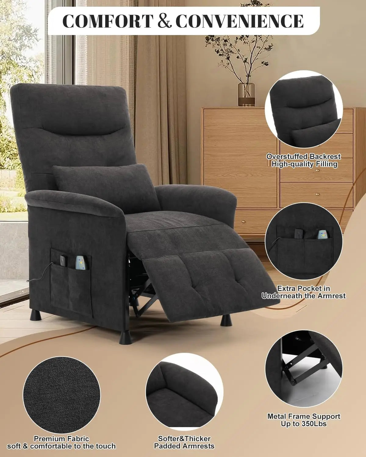 Electric Power Recliner Chair with Heated Massage and Vibration