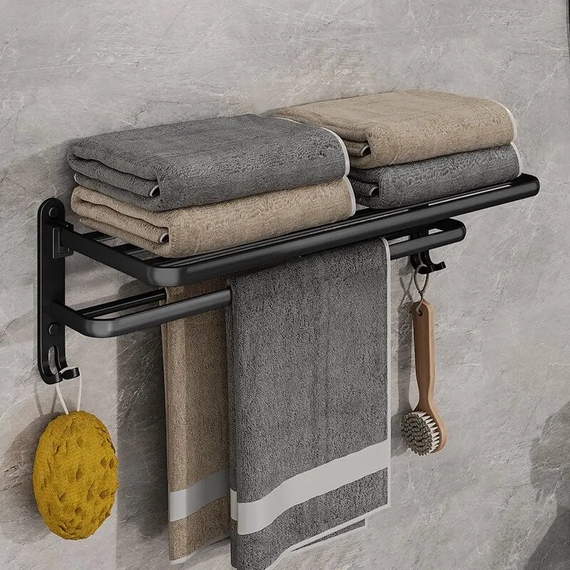 Matte Black 50CM Folding Towel Holder With Hooks