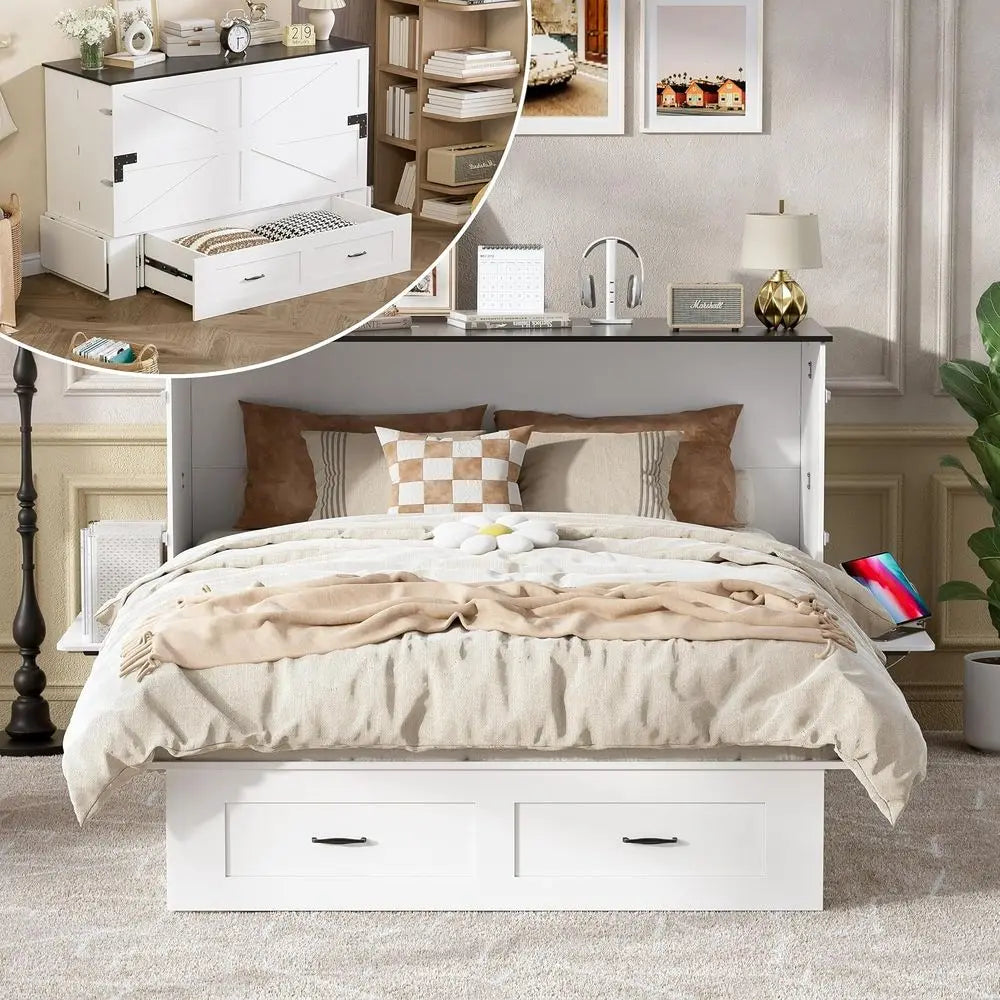 Queen Sized Murphy Cabinet Bed with Storage and Charging Station