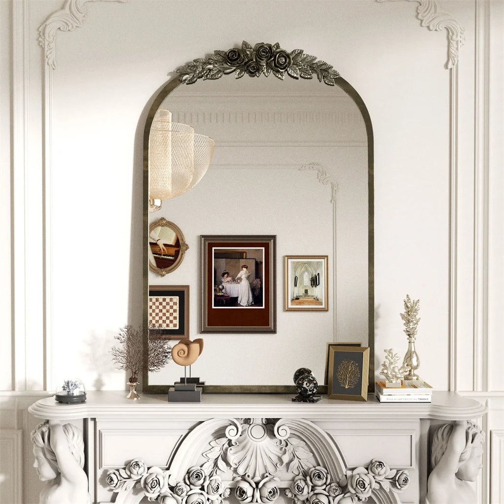 Arched Wall Mirror  with Resin Rose Pattern