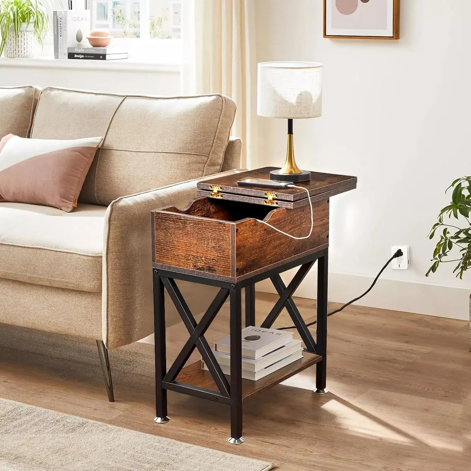 Rustic Narrow Side Tables (Set Of Two) With Charging Station