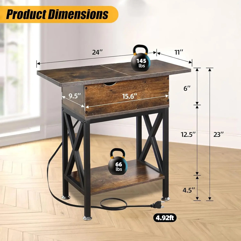 Rustic Narrow Side Tables (Set Of Two) With Charging Station