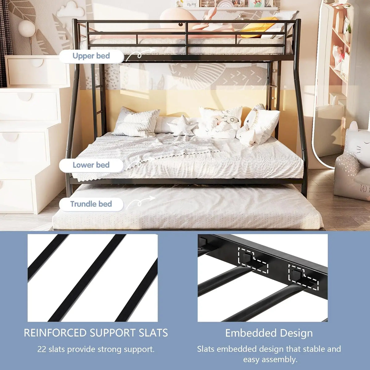 Heavy Duty Metal Twin Over Full Bunk Beds with Trundle