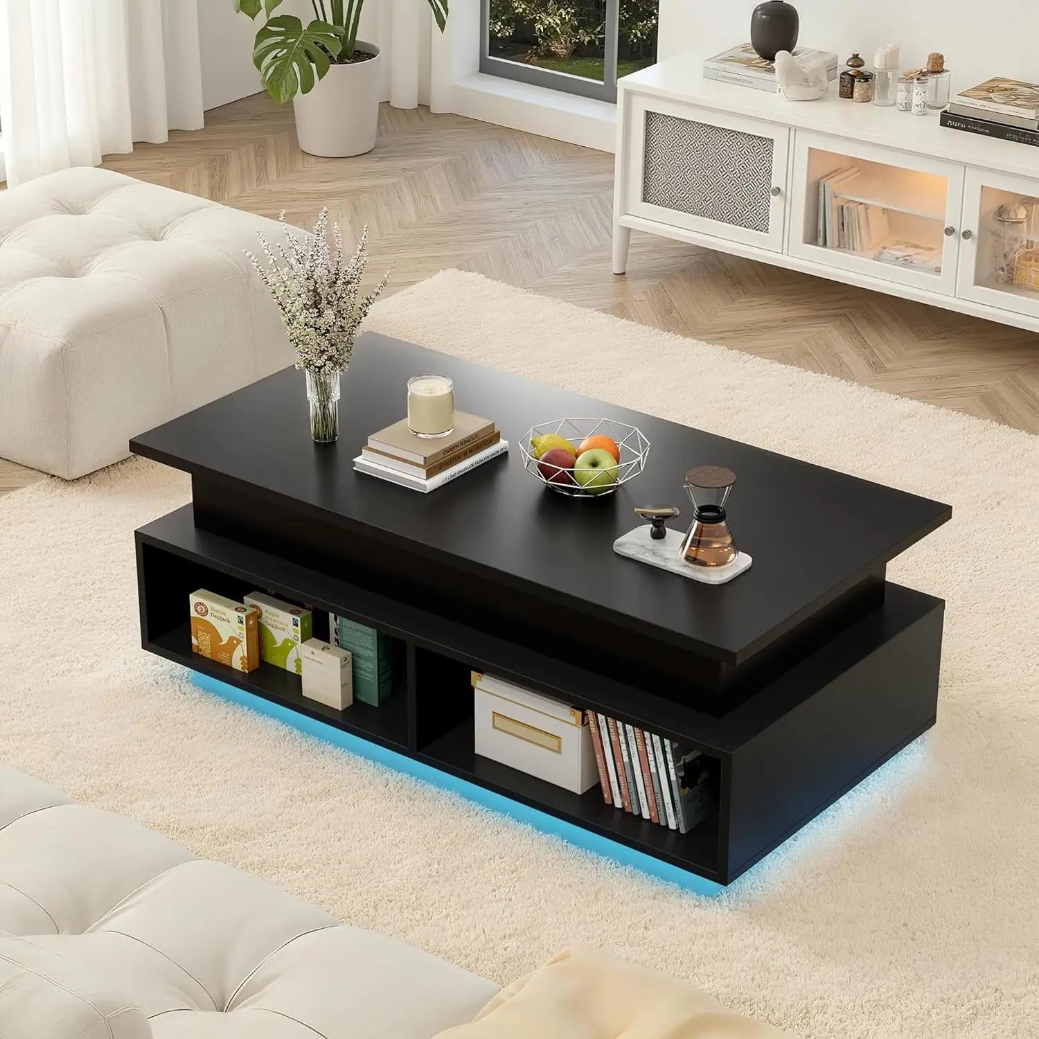 Lift Top Coffee Table with Hidden Storage & LED Lights