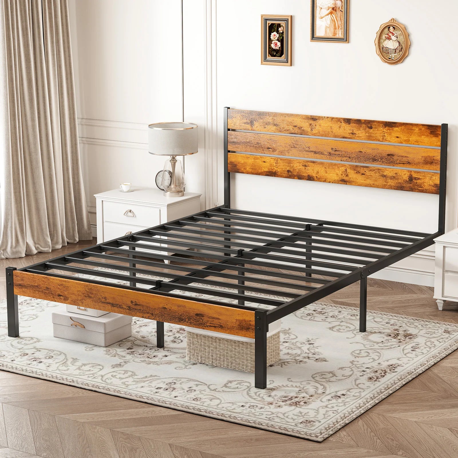Wooden Headboard and Metal Platform Bed Frame