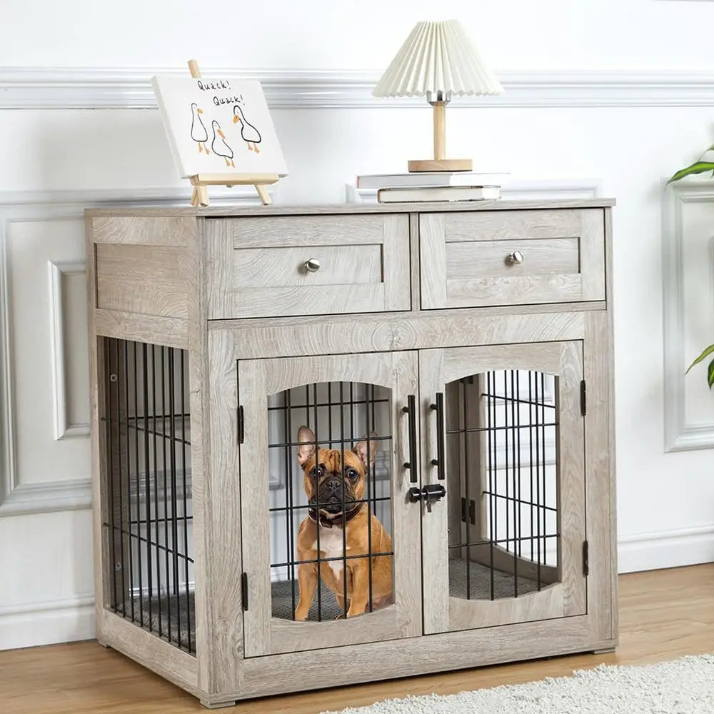 Dog Crate Furniture with Table Top and Two Drawers