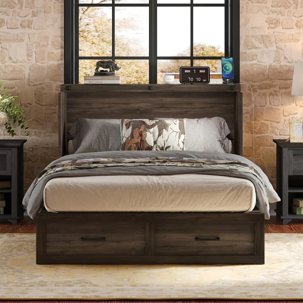Farmhouse Full Sized Murphy Cabinet Bed with Storage Drawer and Charging Station