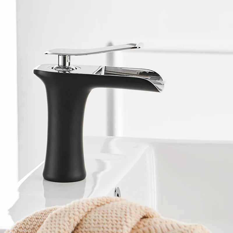 Black Basin Faucets Waterfall Bathroom Faucet Single handle Basin Mixer Tap Bath  Faucet Brass Sink Water Crane Silver 6009