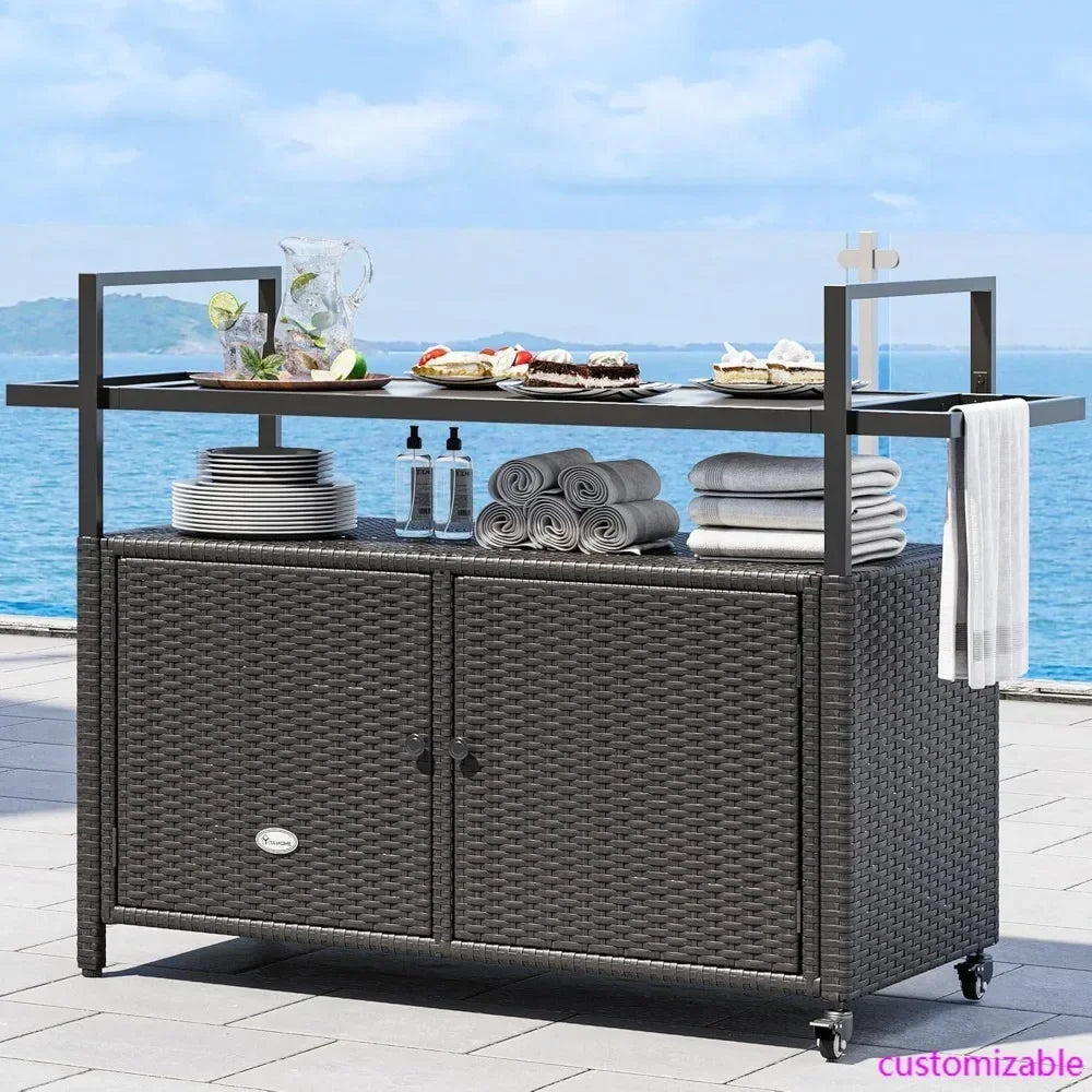 Large Kitchen Wicker Island Rolling Cart & Patio Bar Table