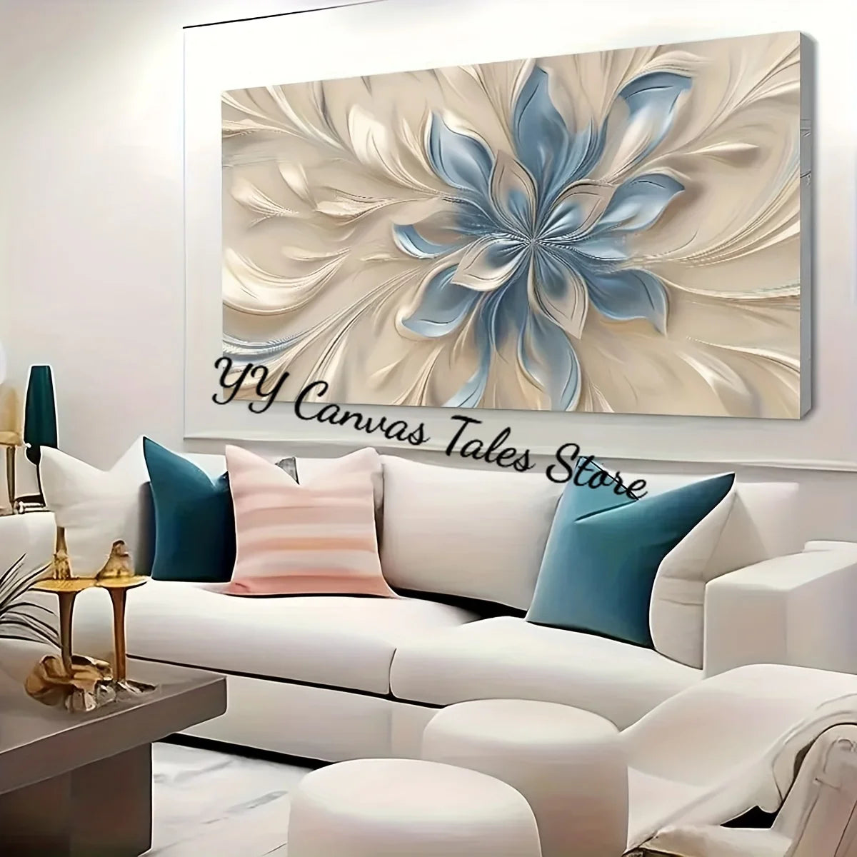 Large Blue and White Floral Canvas Art