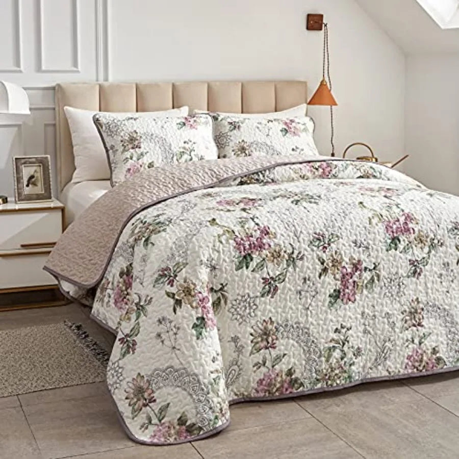 King Size Quilt Set - Beige - Floral - Reversible
