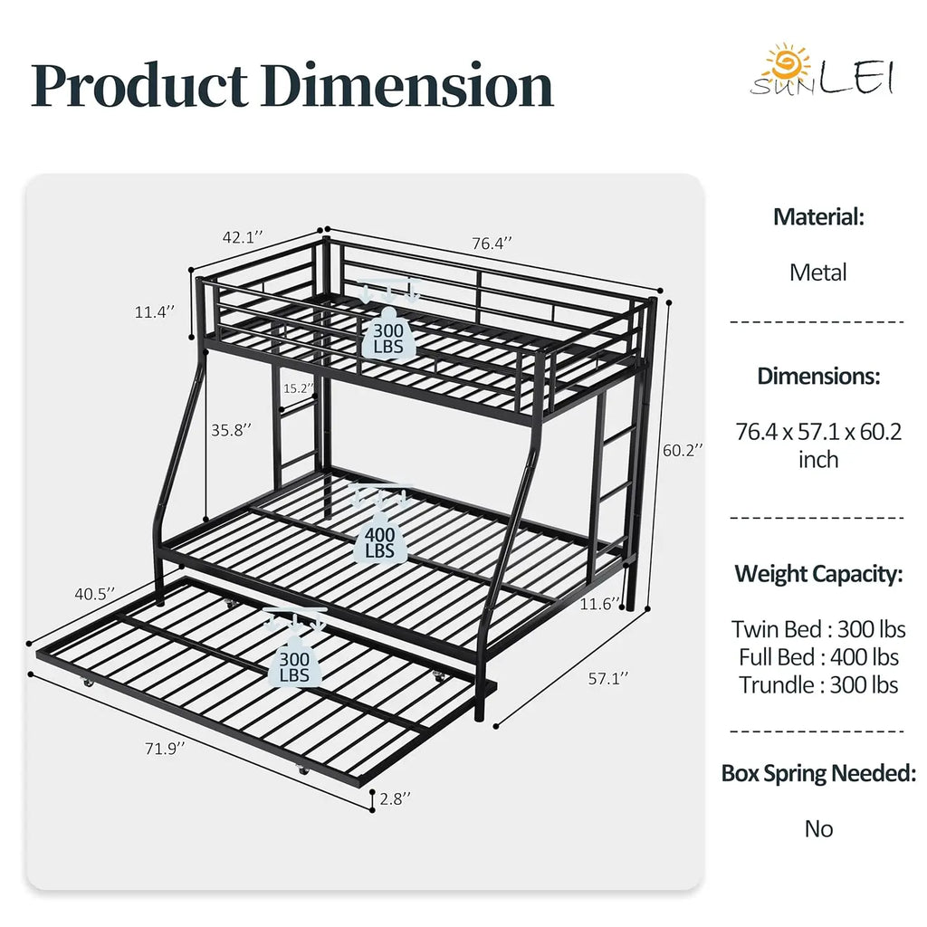 Heavy Duty Metal Twin Over Full Bunk Beds with Trundle