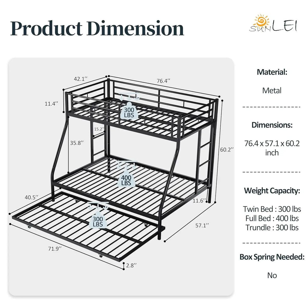 Heavy Duty Metal Twin Over Full Bunk Beds with Trundle