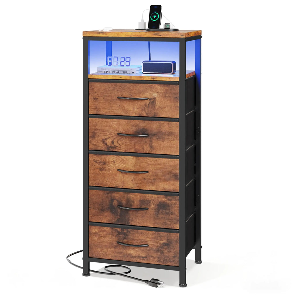 5 Fabric Drawers Dresser For Bedroom Nightstand with Charging Station and Outlets