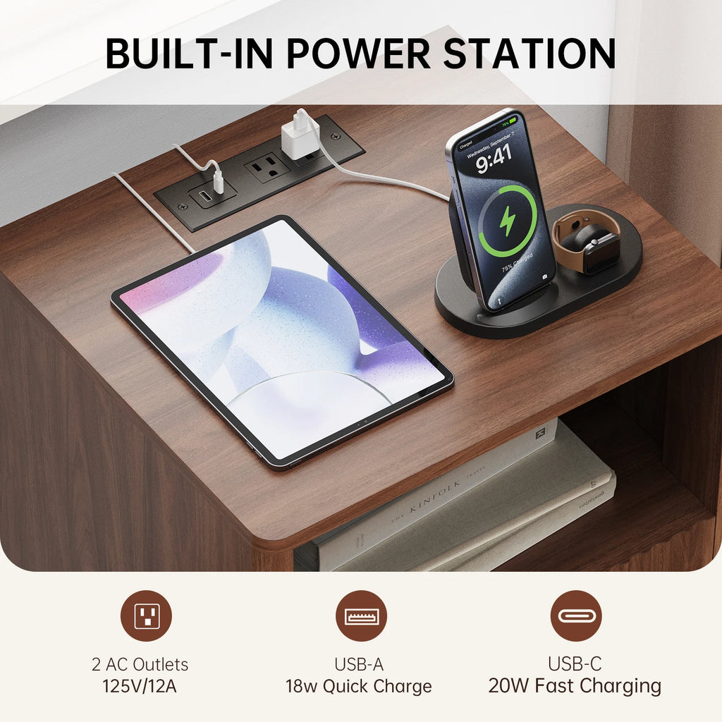 Fluted Wood Side Nightstand with Charging Station