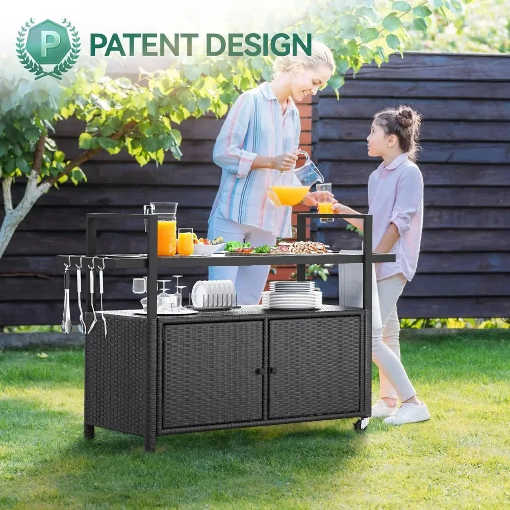 Large Kitchen Wicker Island Rolling Cart & Patio Bar Table