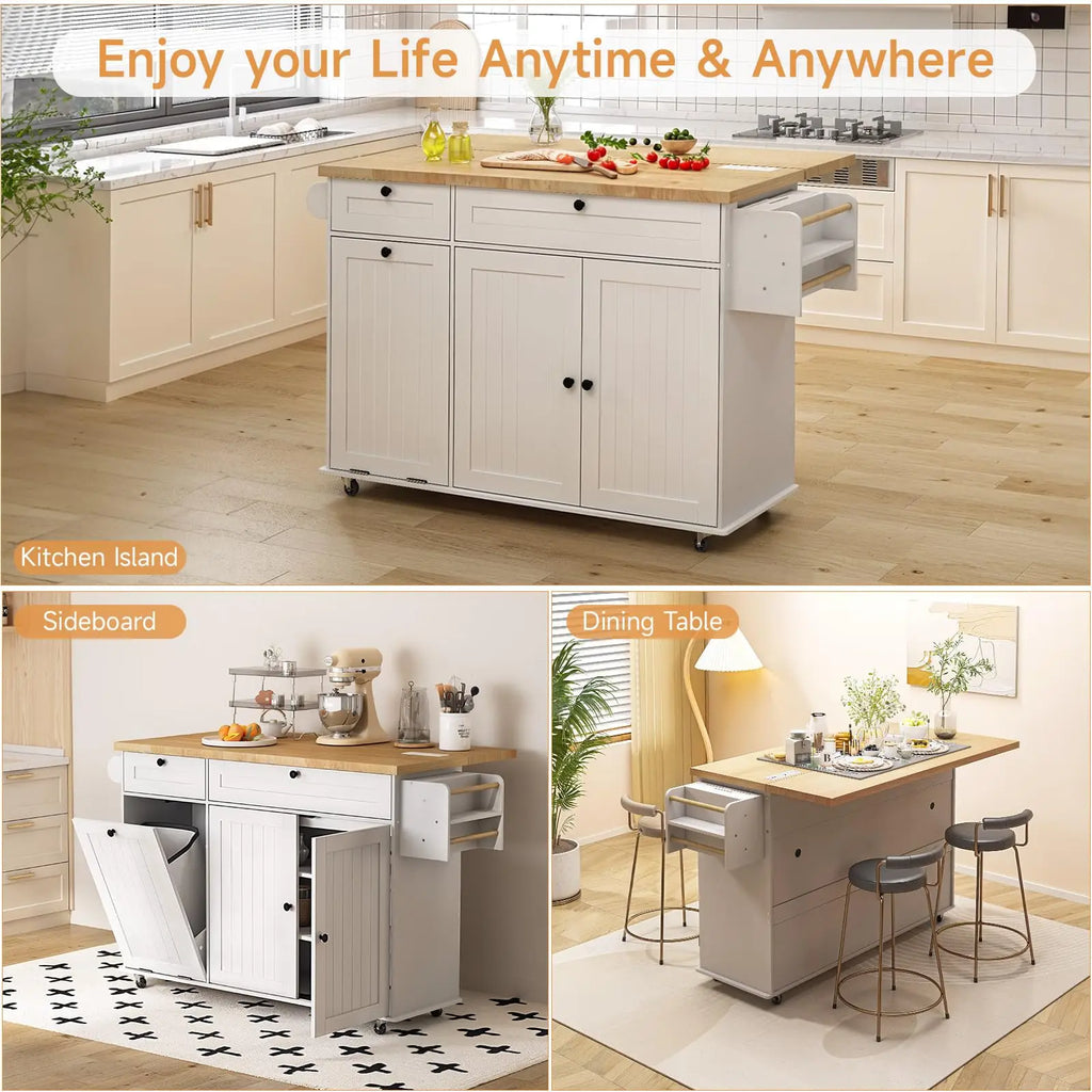 60" Mobile Rolling Kitchen Islands with Drop Leaf