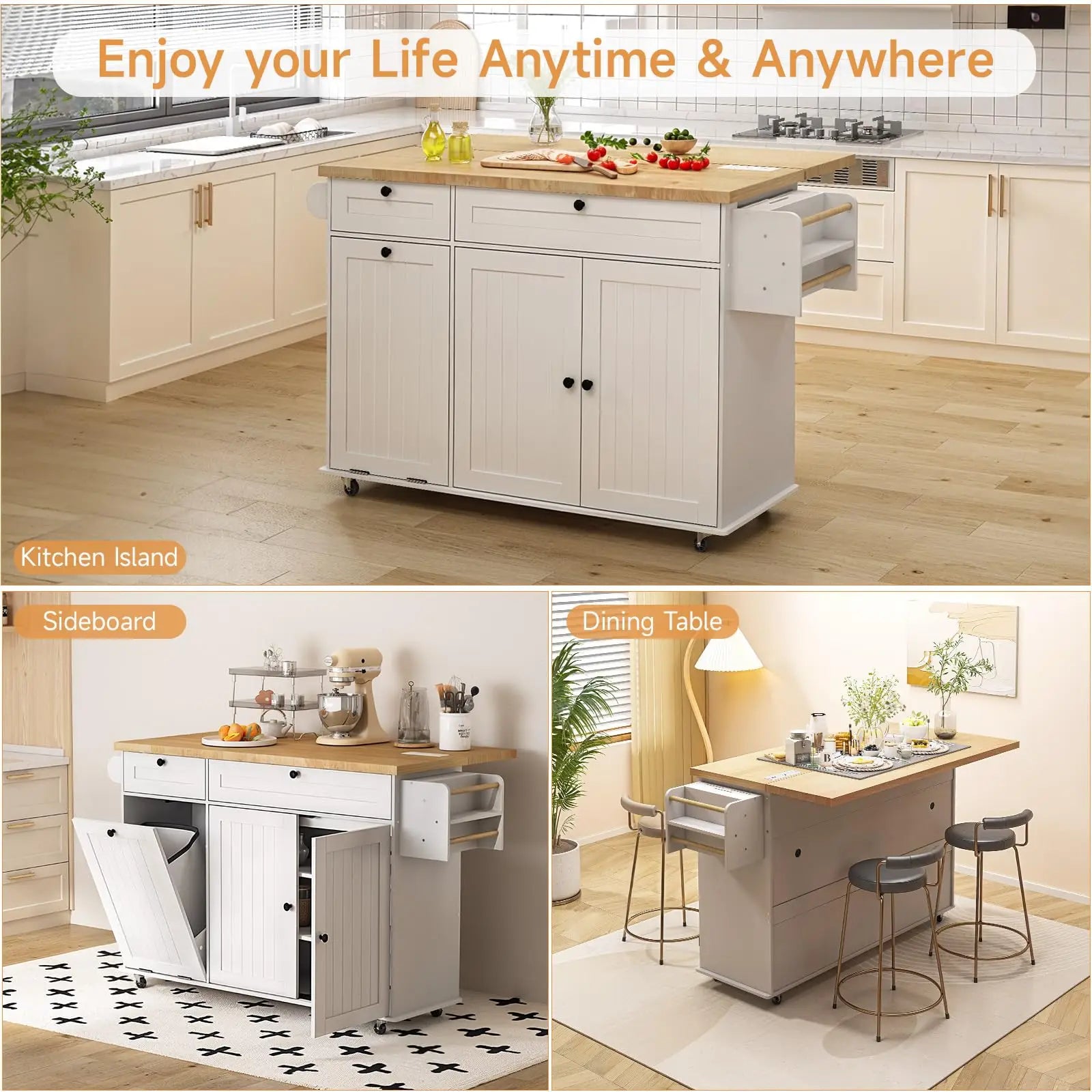 60" Mobile Rolling Kitchen Islands with Drop Leaf