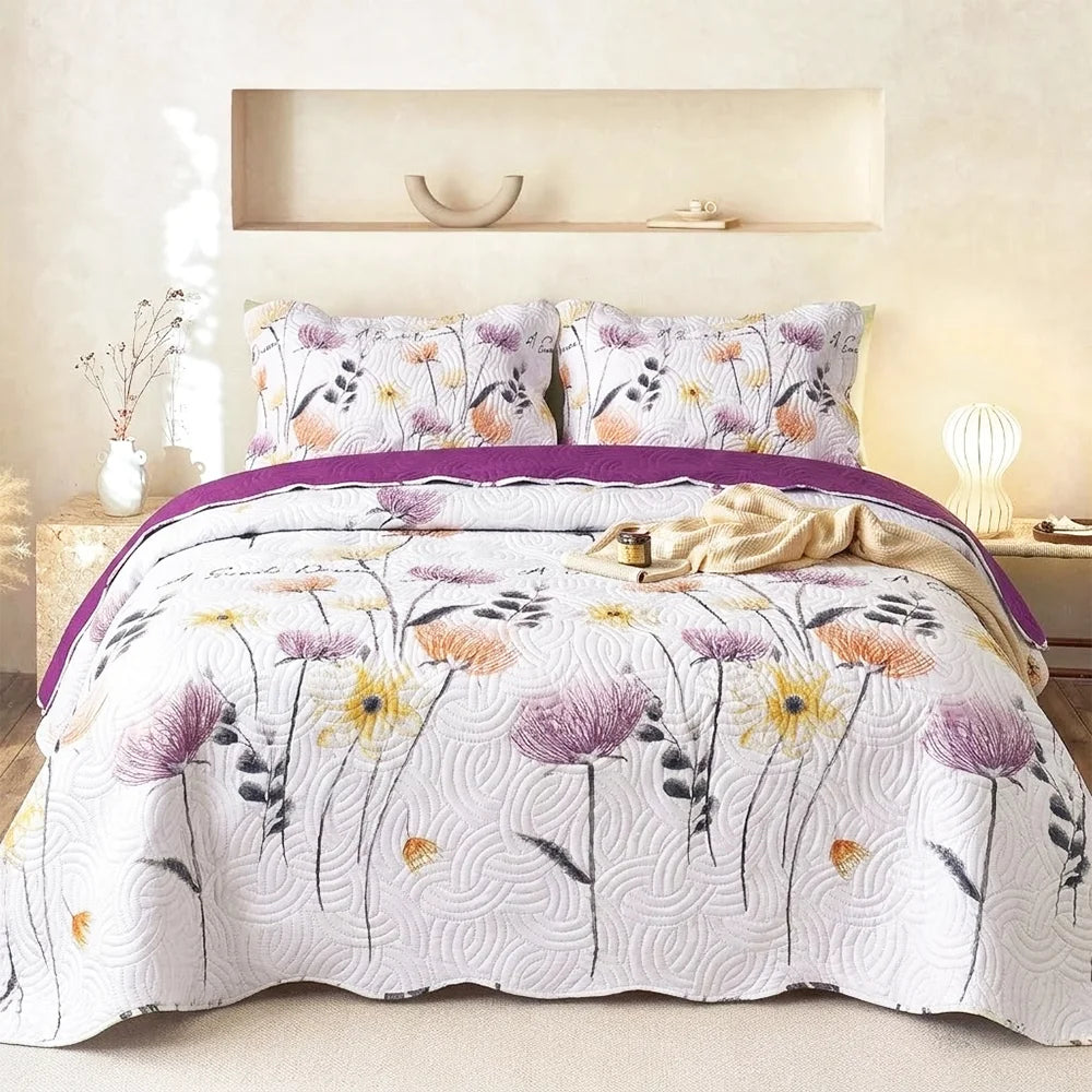 Reversible Floral Printed Quilted Bedspread Set (3 pcs)