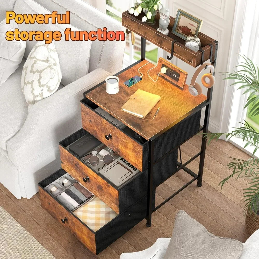 Rustic Nightstand (Set of 2) with Charging Station