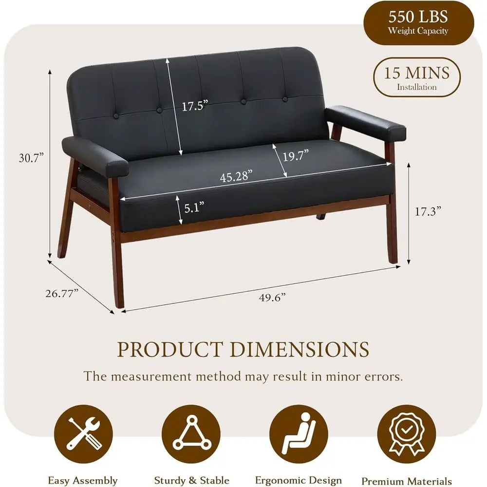 50”W Black aux Leather Small Couch Loveseat