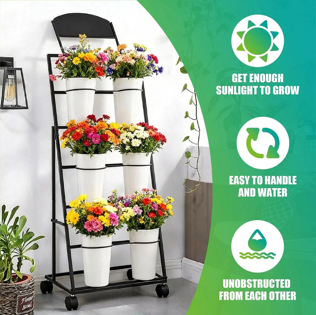 3 Tier Mobile Flower Display Stand with 6 Plastic Flower Buckets