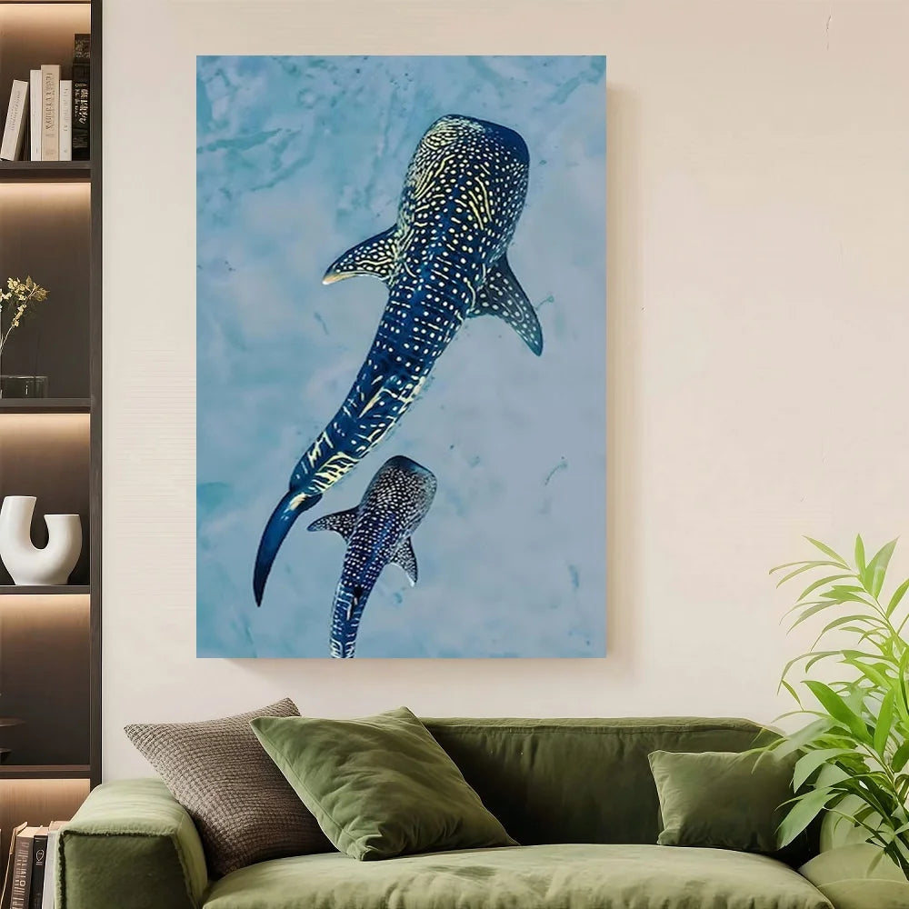 Framed Flat, Suitable for Home Bedroom Wall Decor - Whale Shark Ocean Canvas Painting, Modern Minimalist Marine Art, Multi-Size