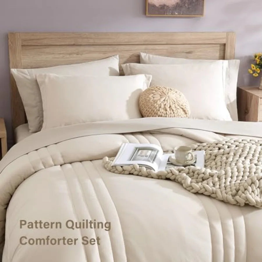 7 Pieces Beige Comforter Set - Beige - Bed in a Bag