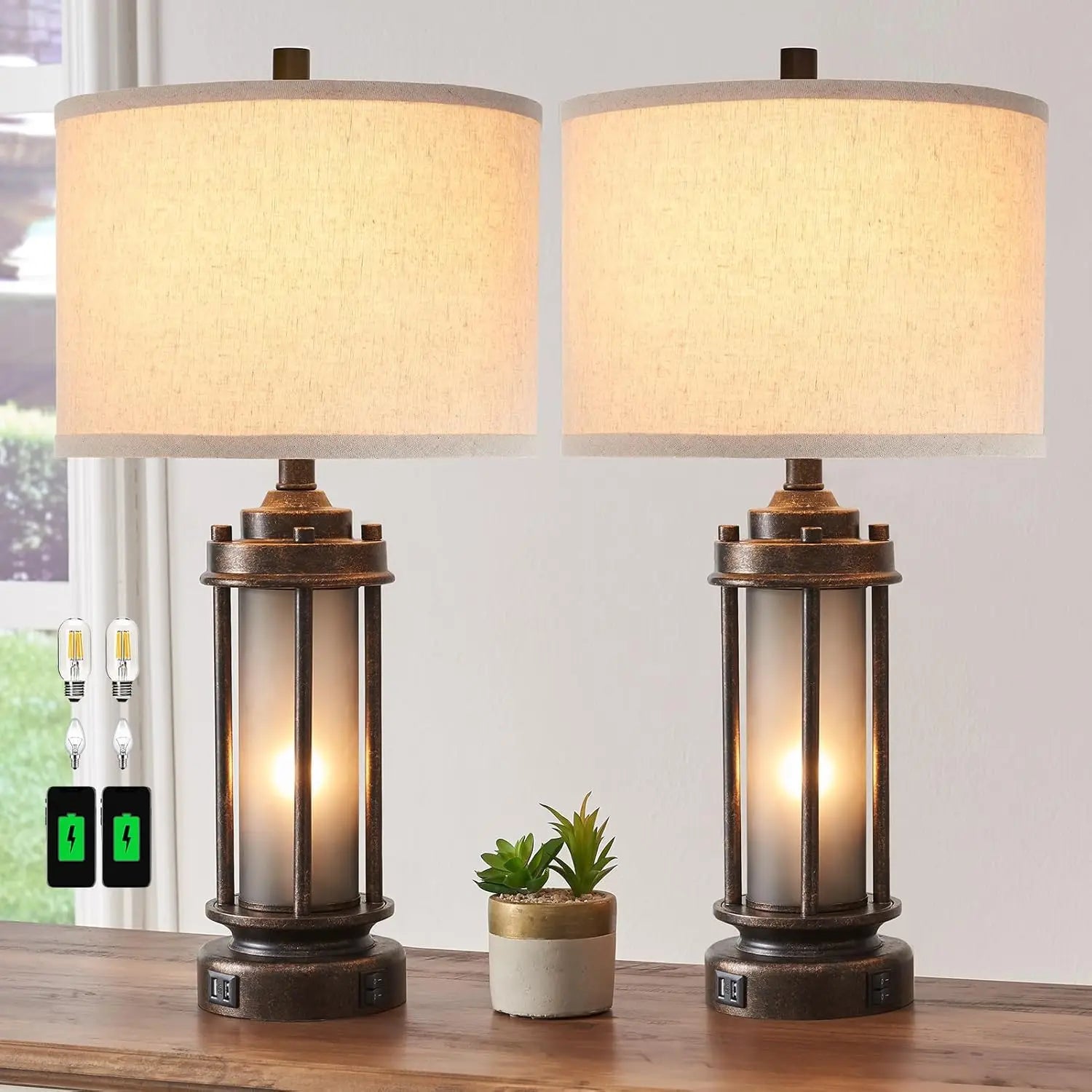 Farmhouse Rustic Nightstand Tables (Set of 2) with Nightlight