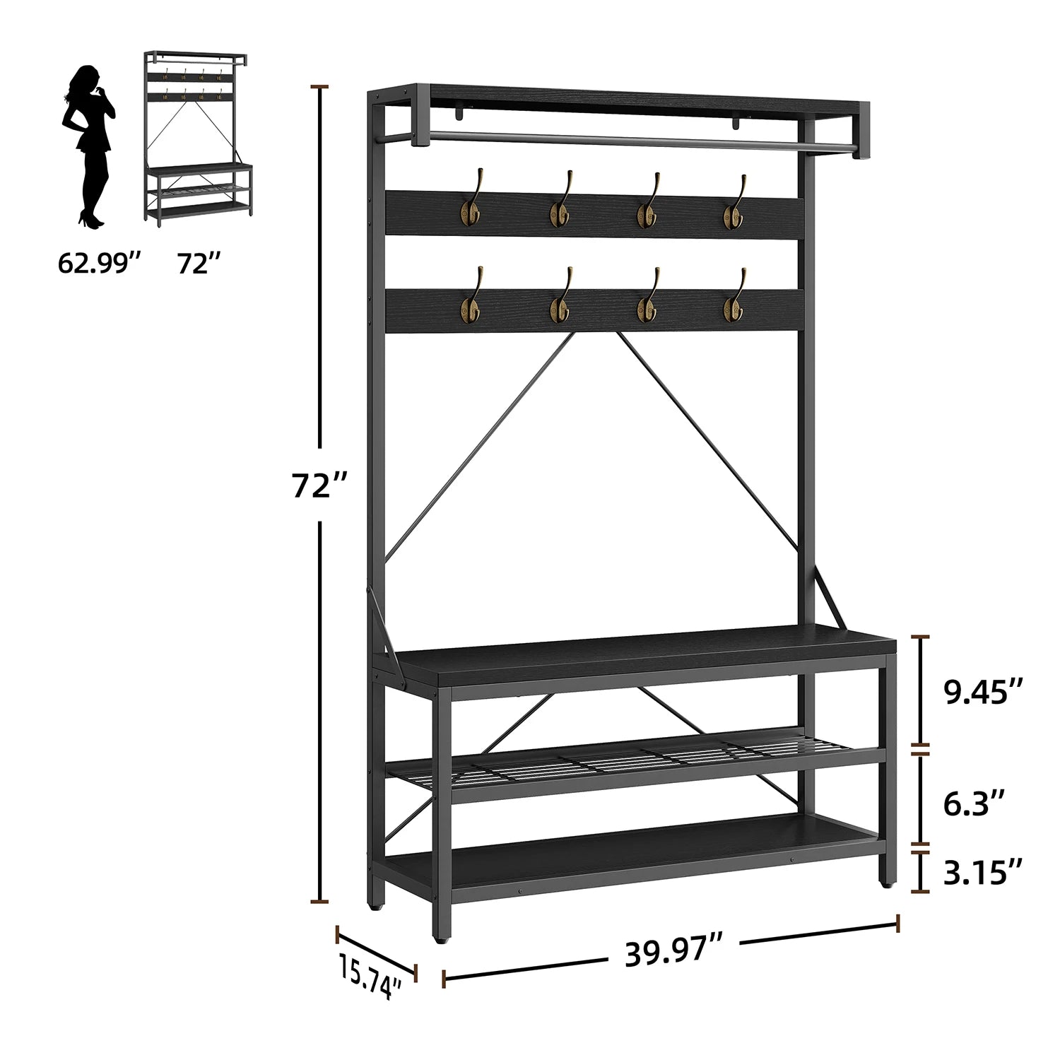 Tall Coat Rack with Storage shelves and a Bench