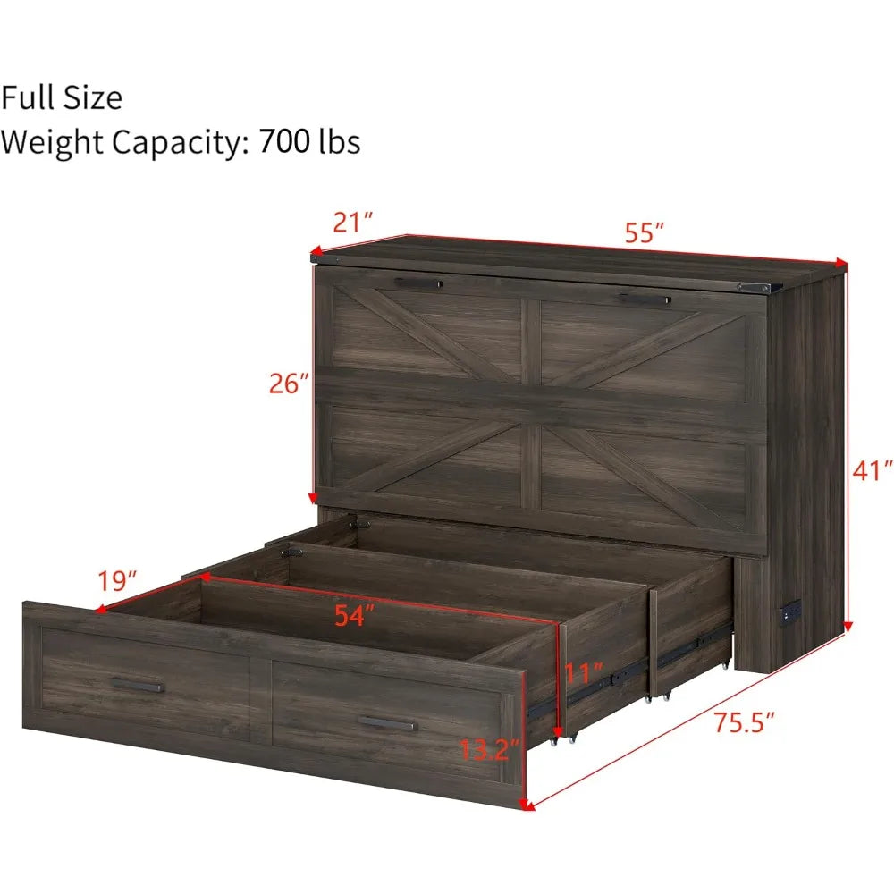 Farmhouse Full Sized Murphy Cabinet Bed with Storage Drawer and Charging Station