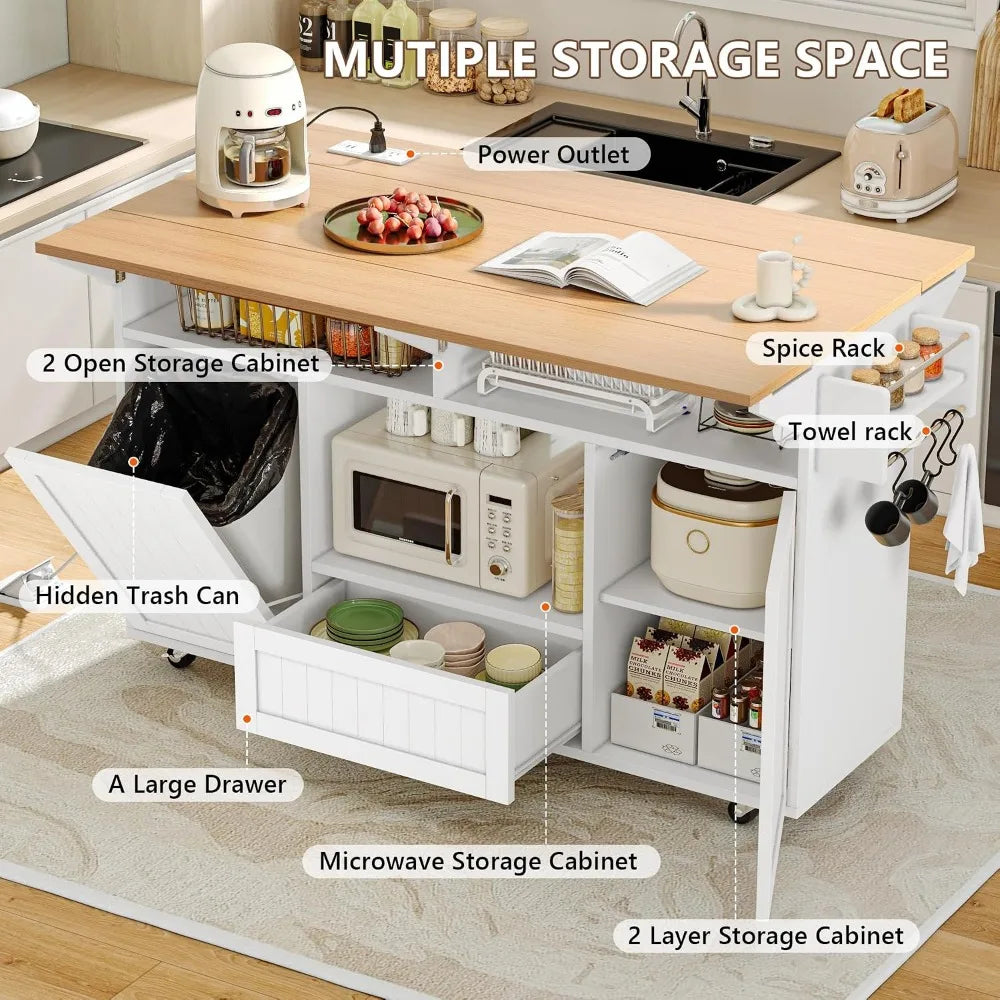 65" Kitchen Island with Power Outlet & Drop Leaf