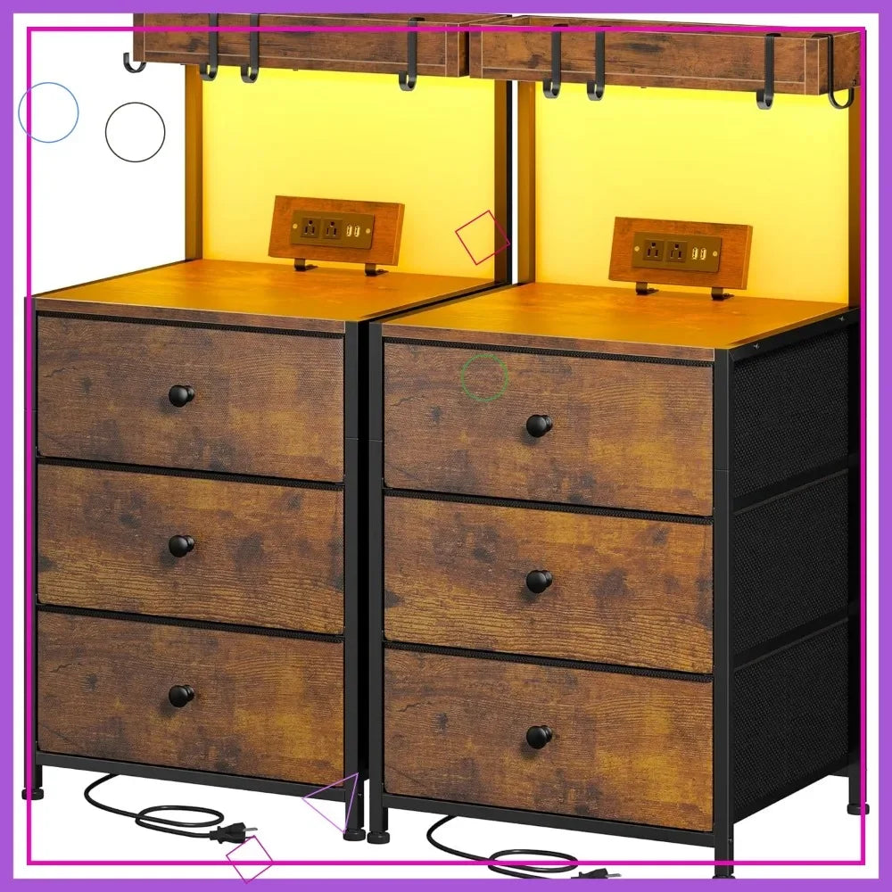 Rustic Nightstand (Set of 2) with Charging Station