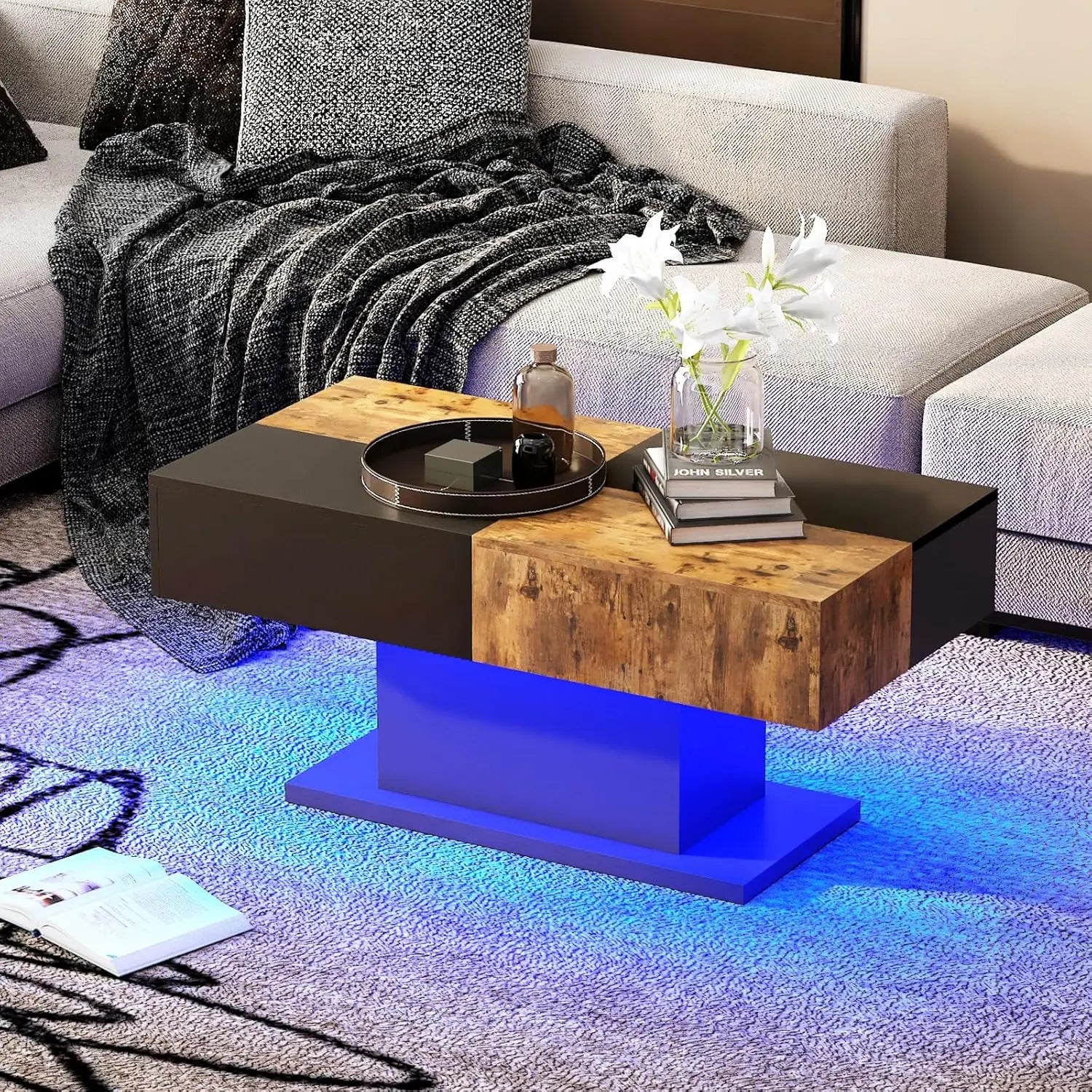 Rectangular LED Coffee Table, 16 Colors Lights, Modern Wood, Living Room Dining Reception, Customized