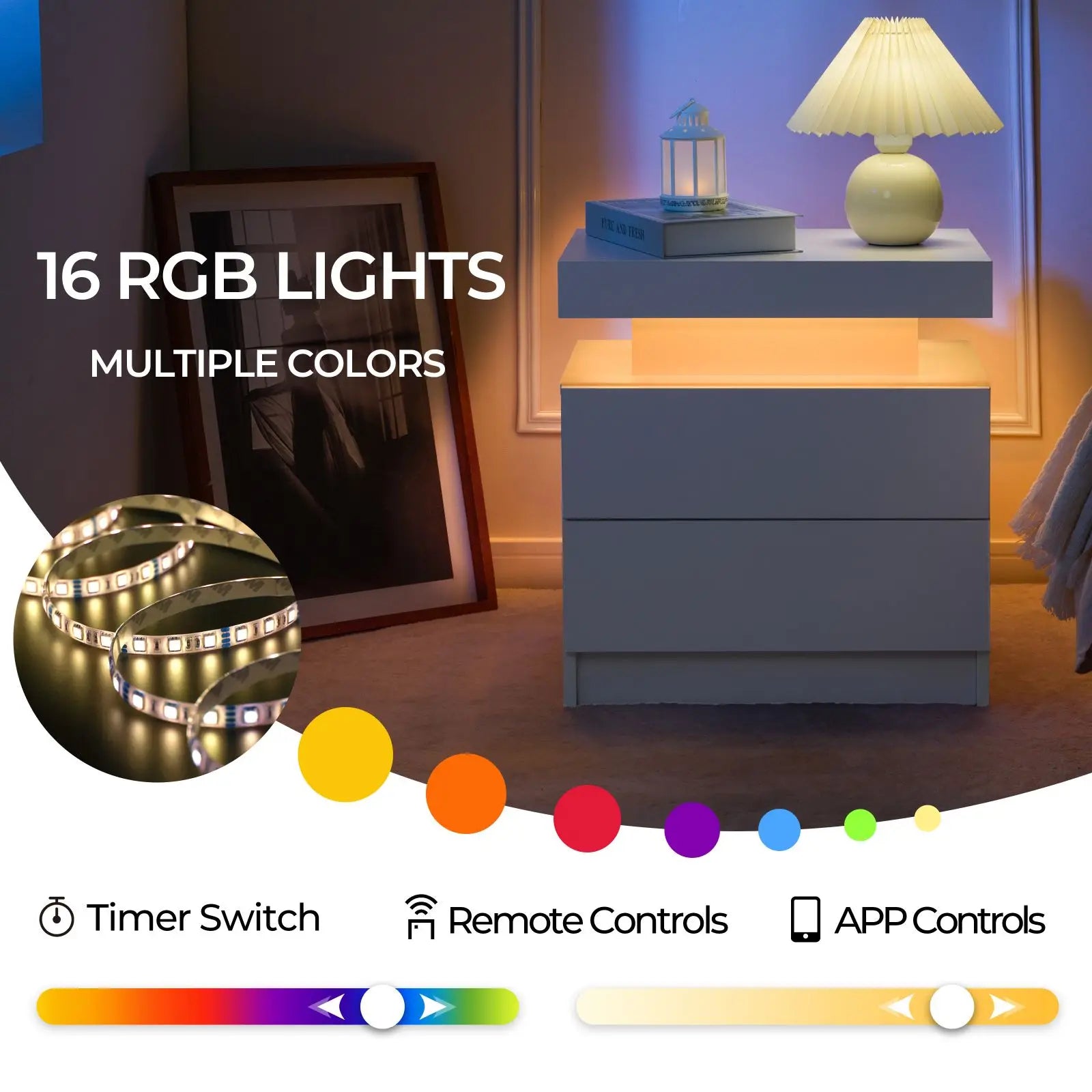 Set of 2 Nightstands with LED Lights