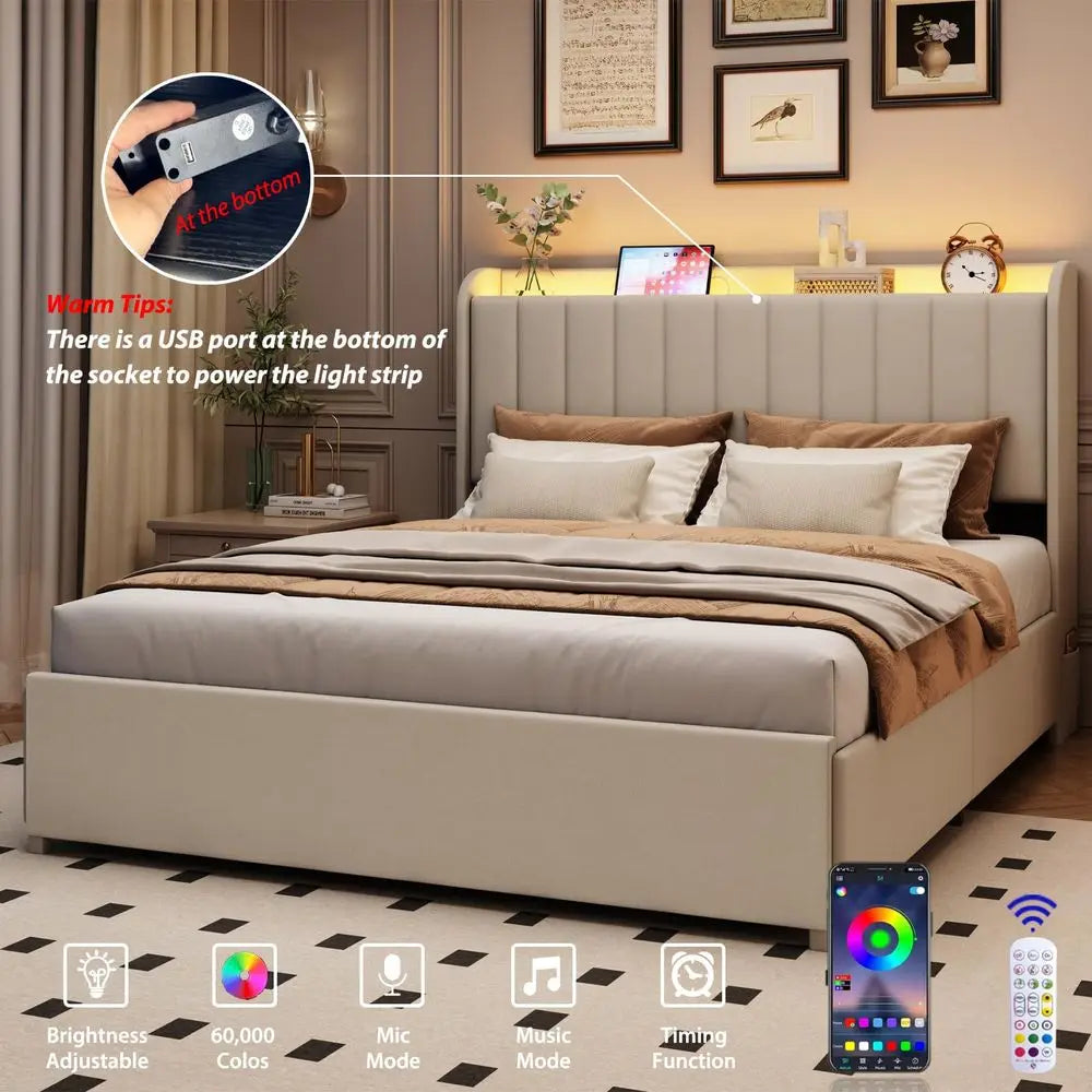 Queen Size Bed Frame with Storage Headboard
