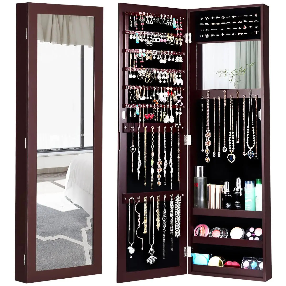 Wall Mounted or Over the Door Jewelry Cabinet with Full Length Mirror