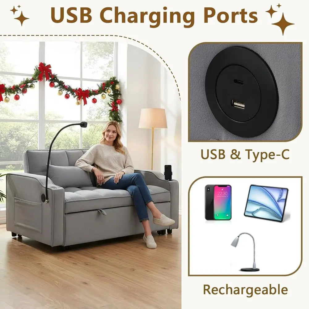 Convertible Velvet Sleeper Sofa with Reclining Backrest and Pillows