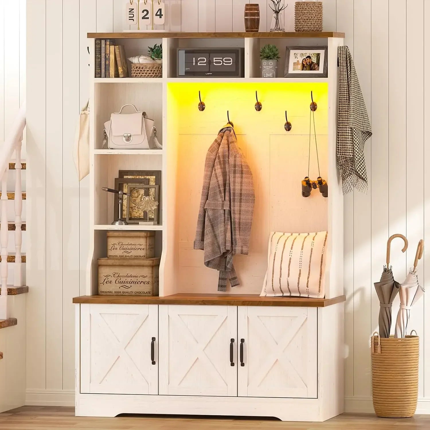 Farmhouse Hall Tree with Bench and Shoe Storage
