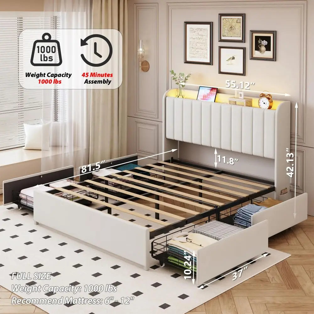 Queen Size Bed Frame with Storage Headboard
