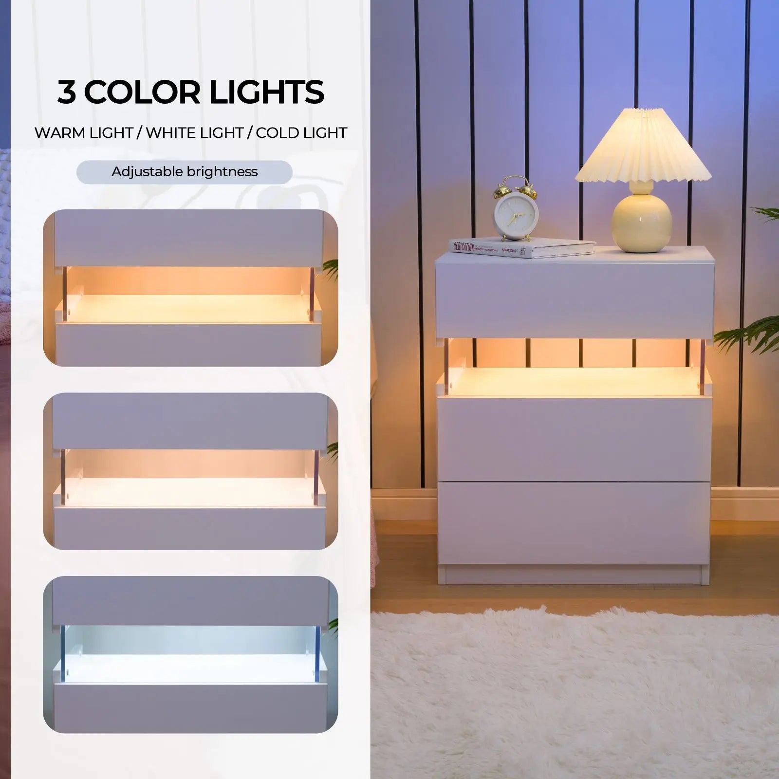 Bedside Tables (Set of 2) with LED Lighting