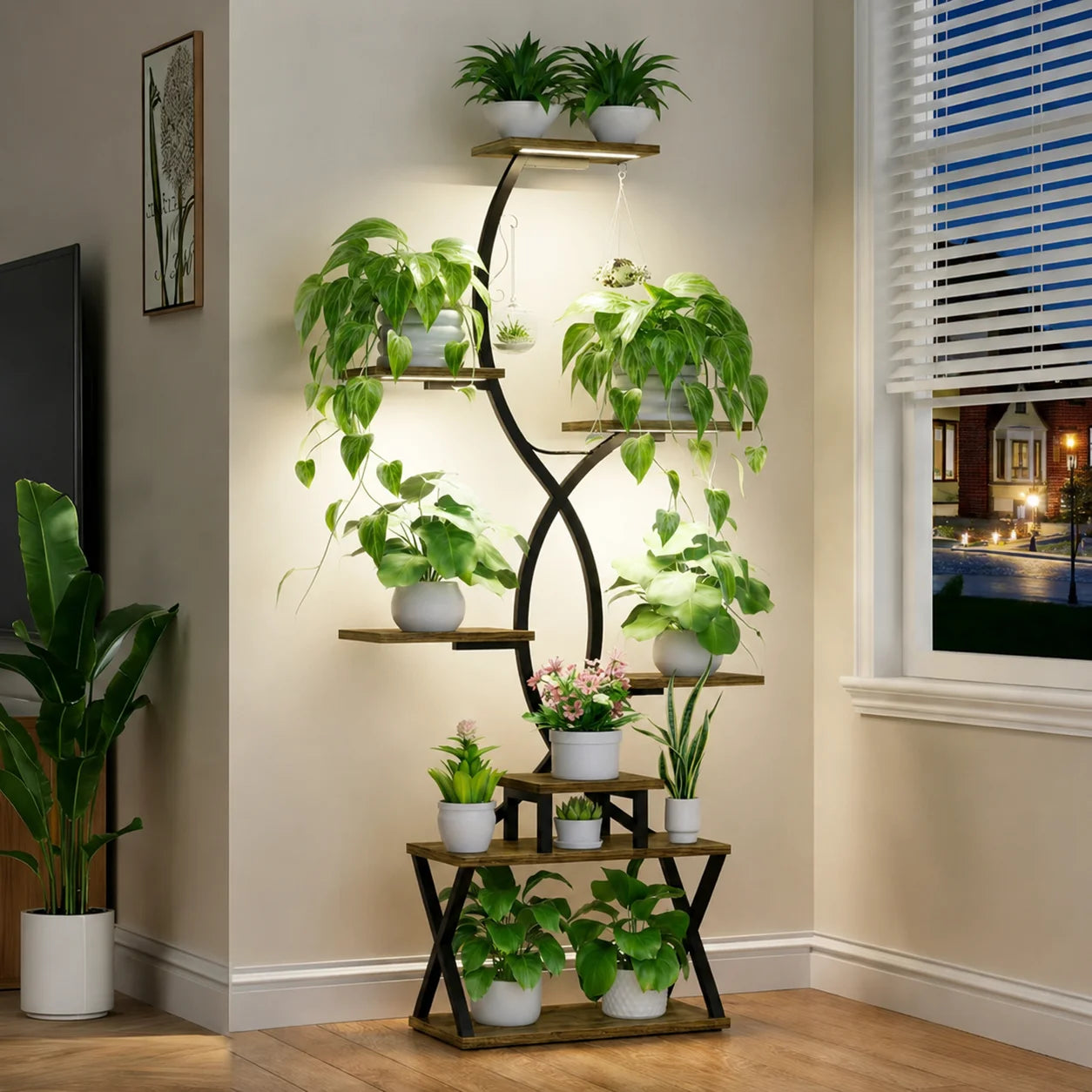 8-Tier S-Shaped Metal Plant Stand with Grow Lights