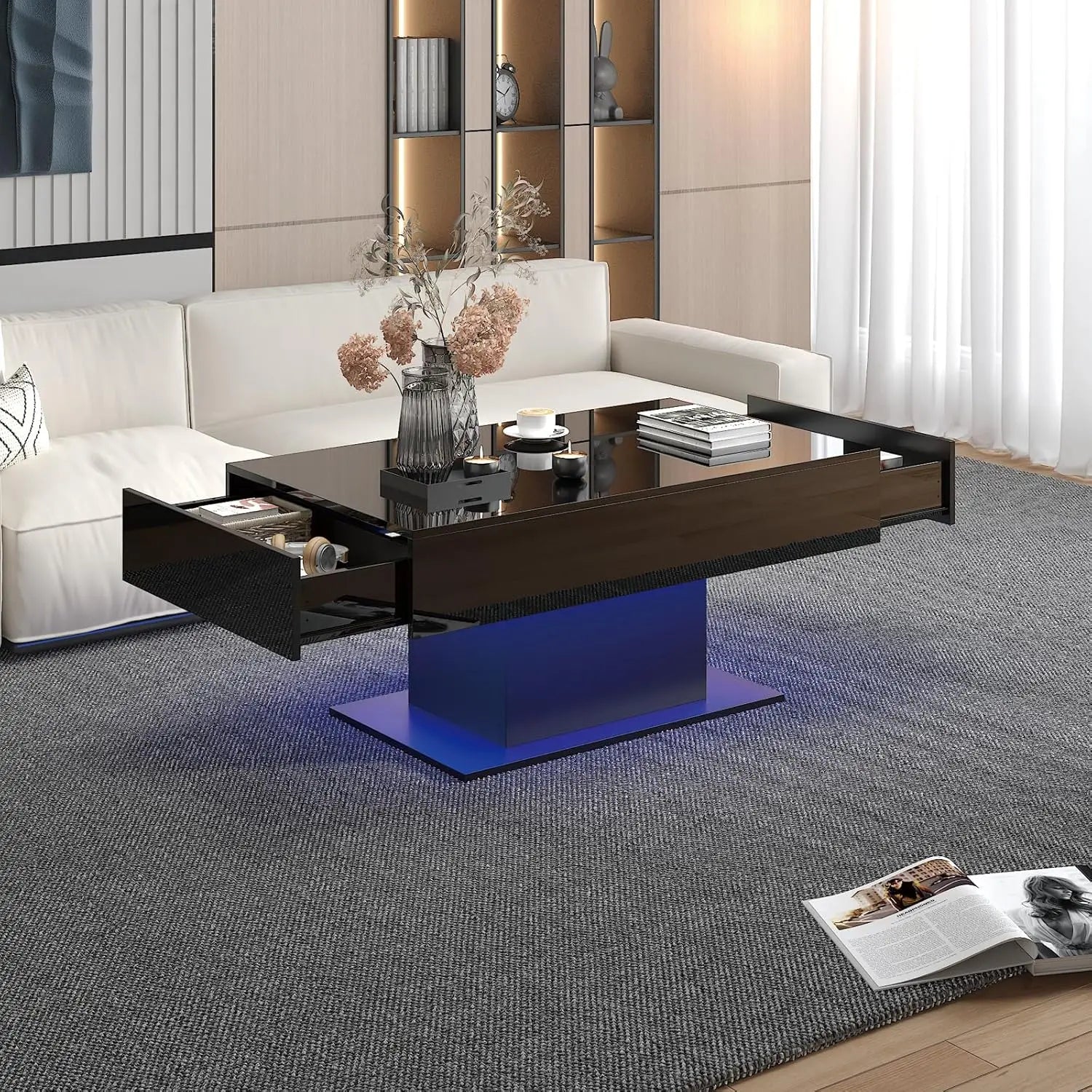 Rectangular LED Coffee Table, 16 Colors Lights, Modern Wood, Living Room Dining Reception, Customized