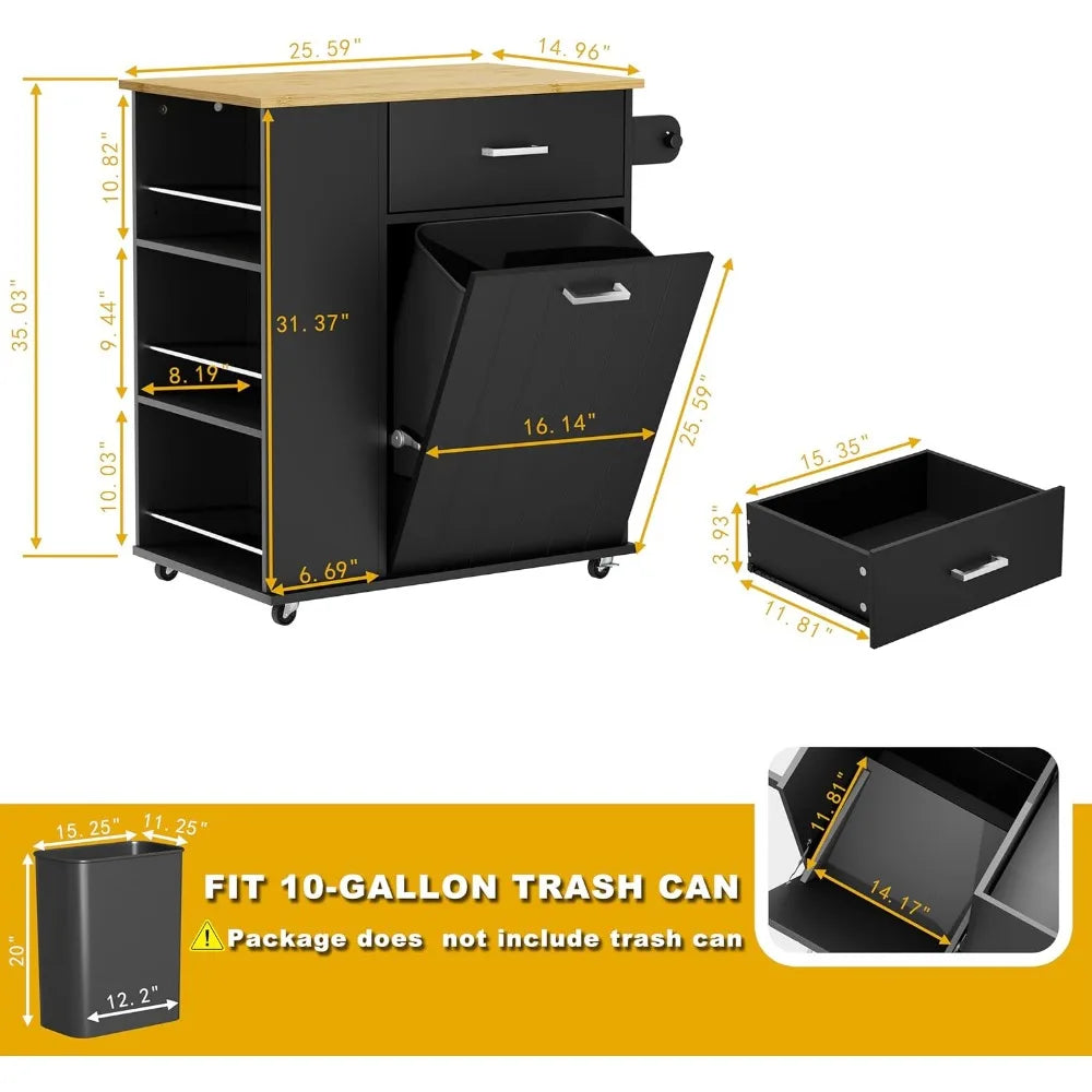 Rolling Kitchen Island with Trash Can Storage