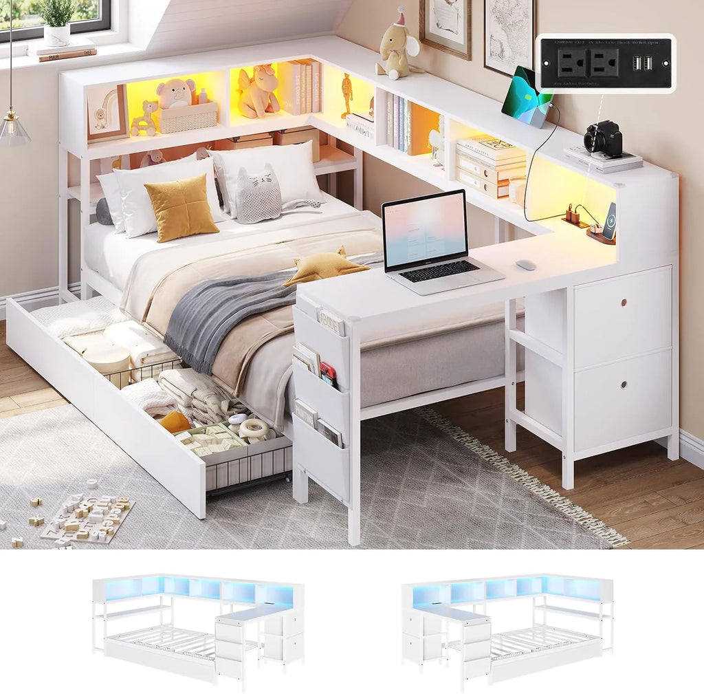 Corner Bed with Storage with Charging, LED, and Desk