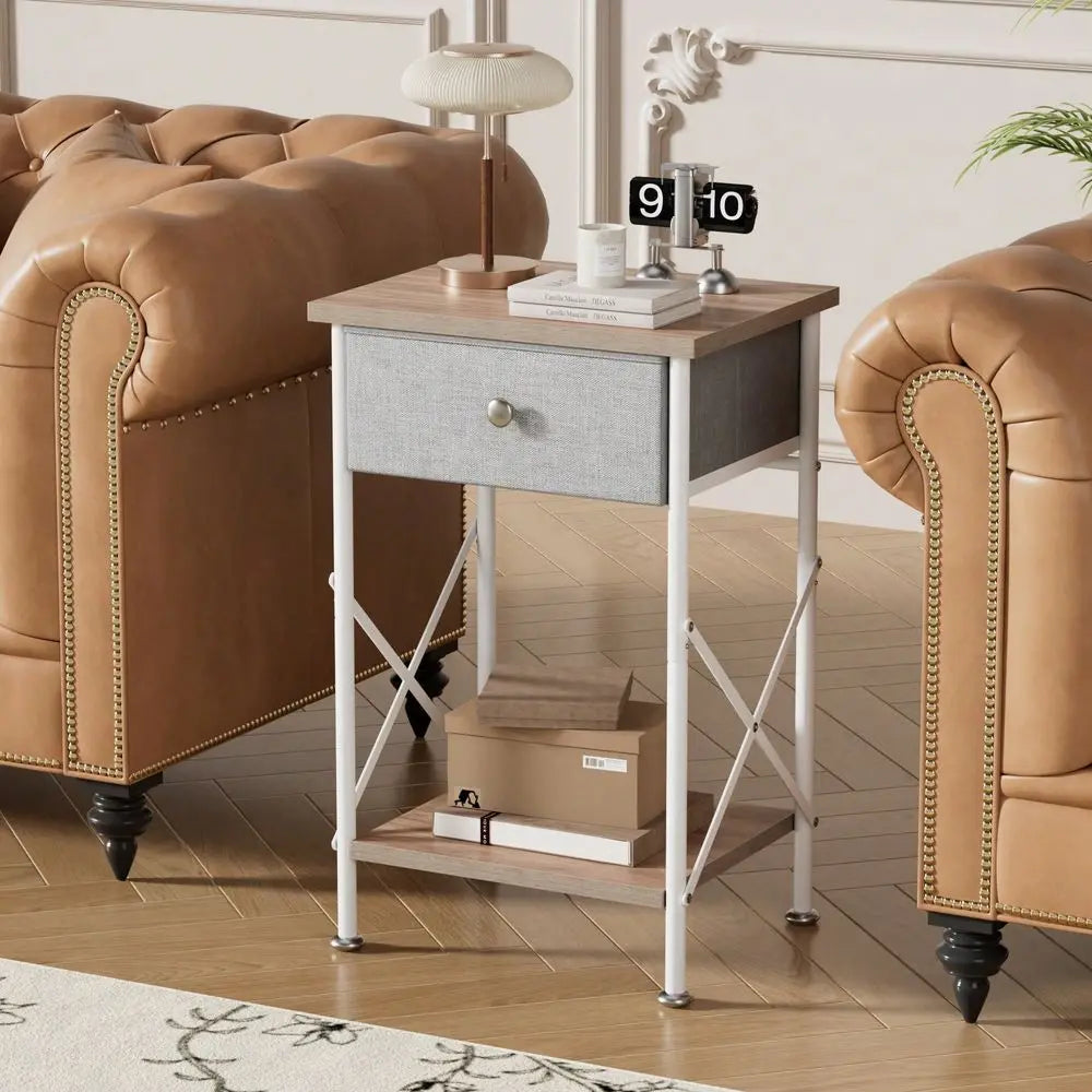 Industrial Nightstands (Set of 2) with Fabric Drawers & Open Storage Shelves